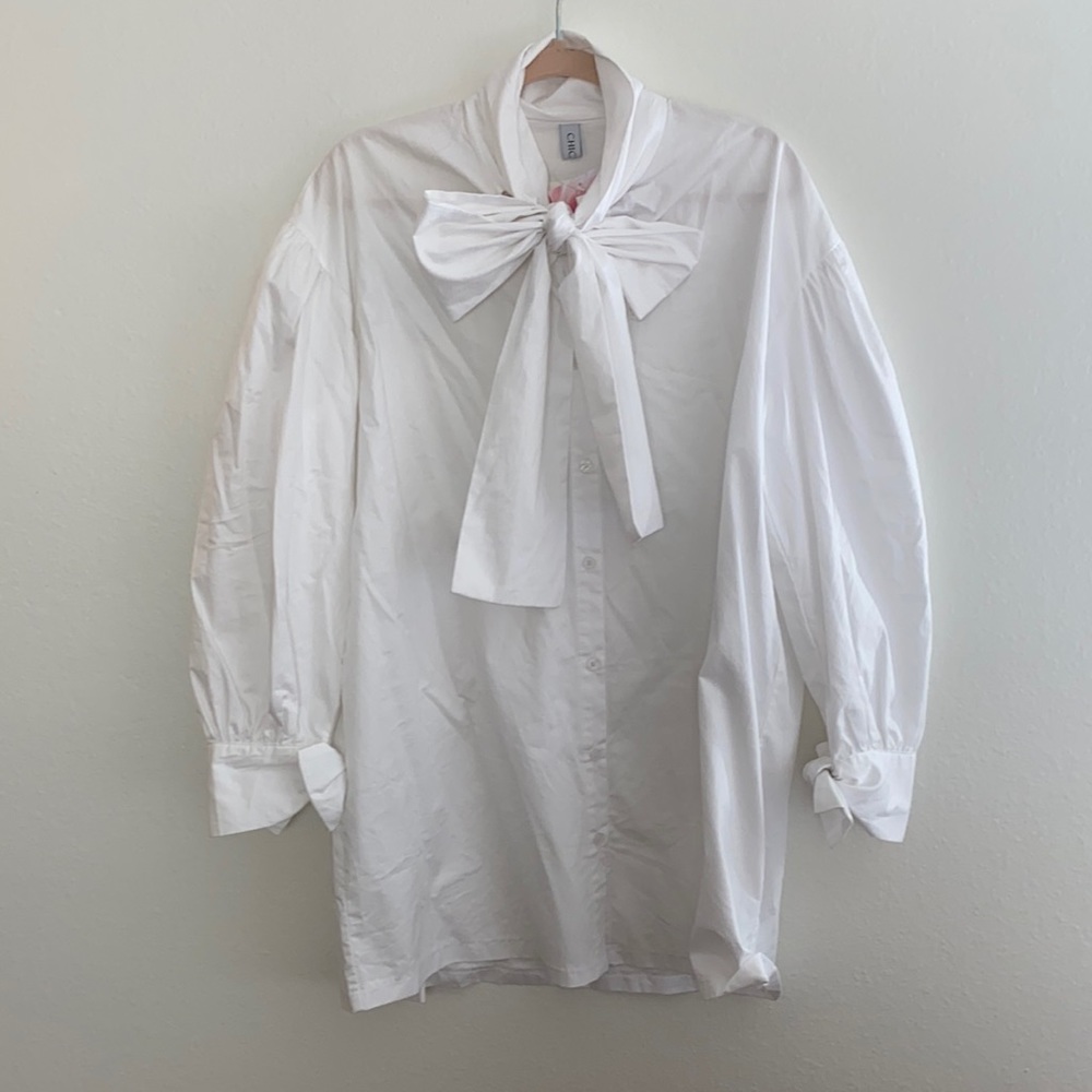 Tie neck button down shirt dress